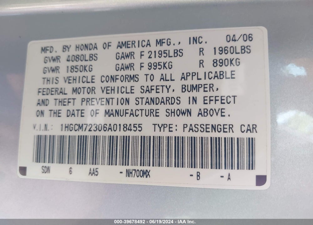 2006 HONDA ACCORD 2.4 LX VIN: 1HGCM72306A018455