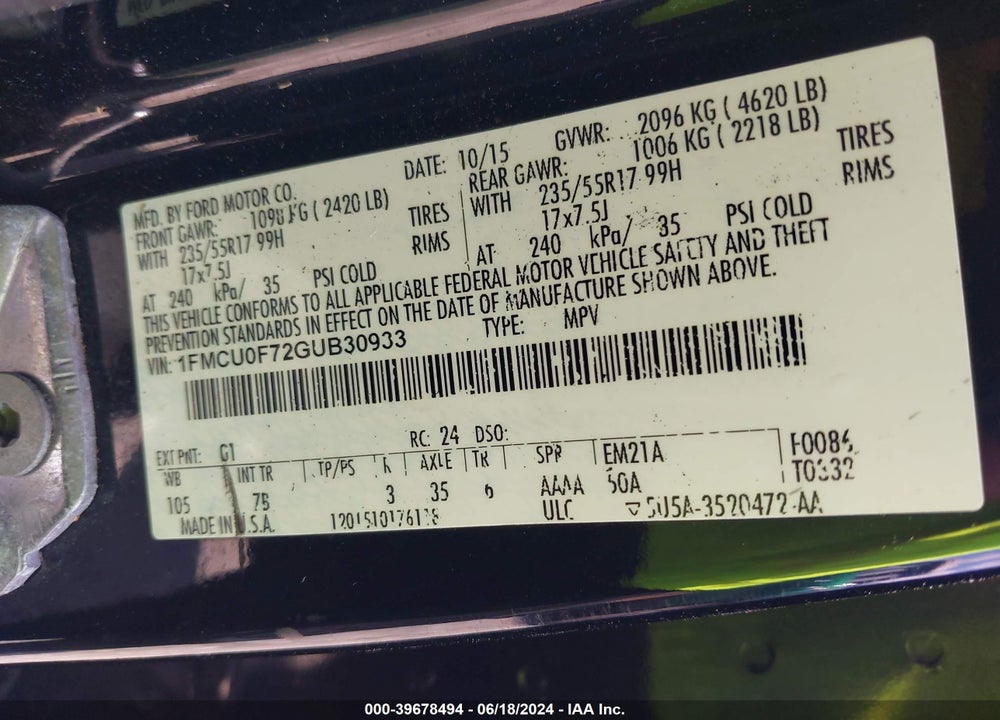 2016 FORD ESCAPE S VIN: 1FMCU0F72GUB30933