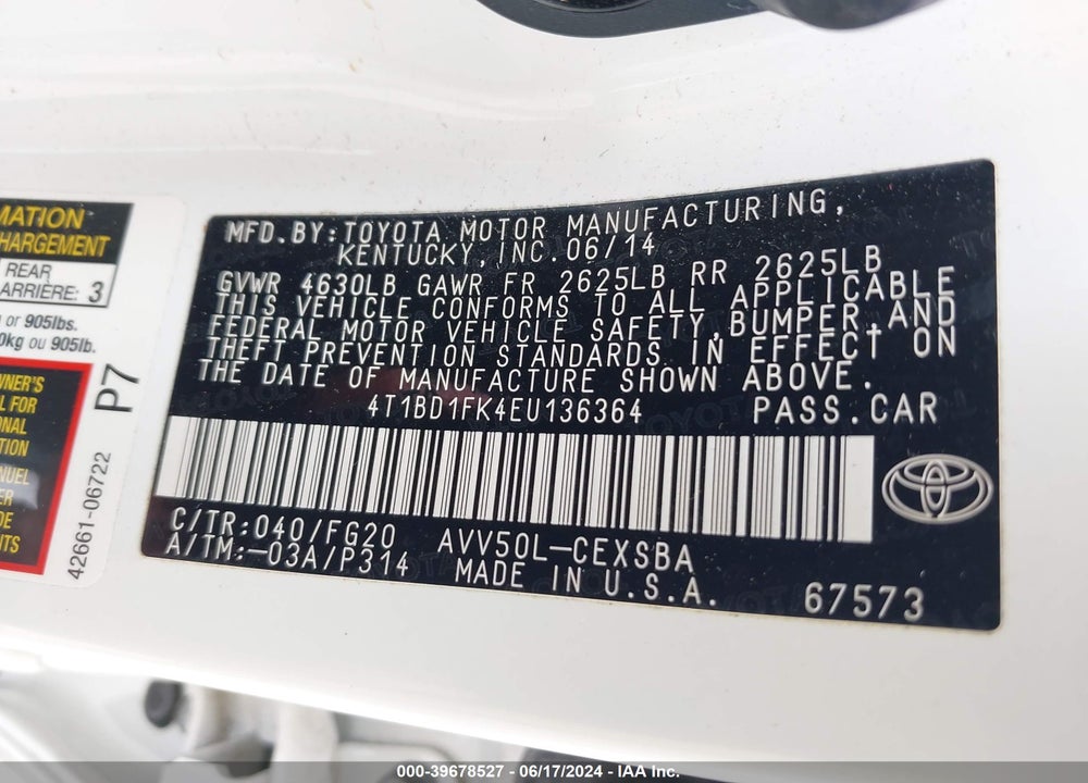 2014 TOYOTA CAMRY HYBRID SE LIMITED EDITION VIN: 4T1BD1FK4EU136364