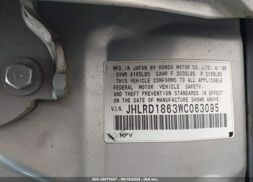 1998 HONDA CR-V EX VIN: JHLRD1863WC063095