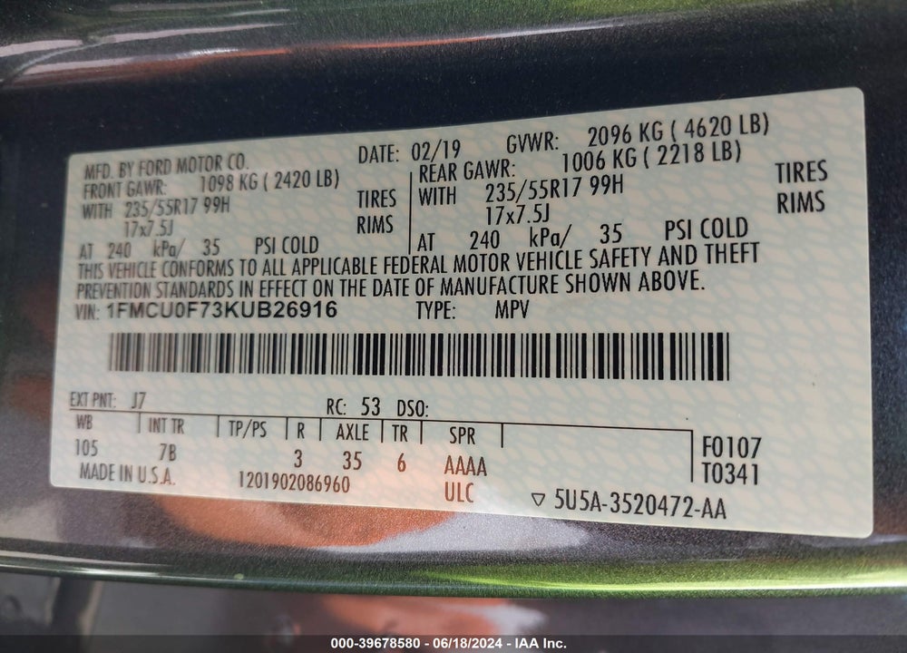 2019 FORD ESCAPE S VIN: 1FMCU0F73KUB26916