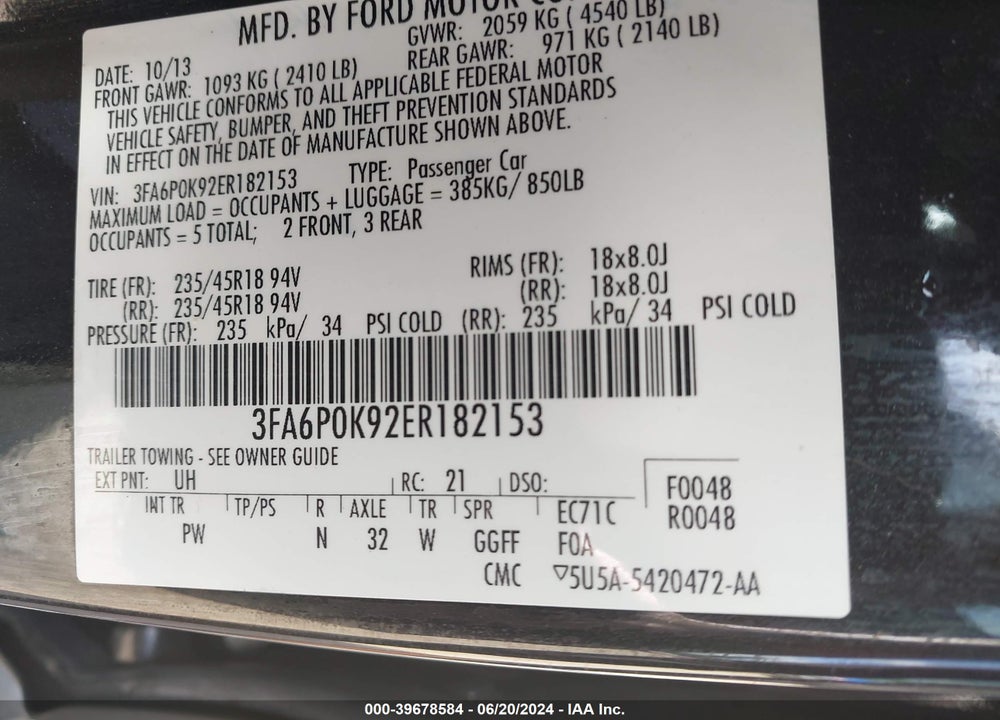 2014 FORD FUSION TITANIUM VIN: 3FA6P0K92ER182153