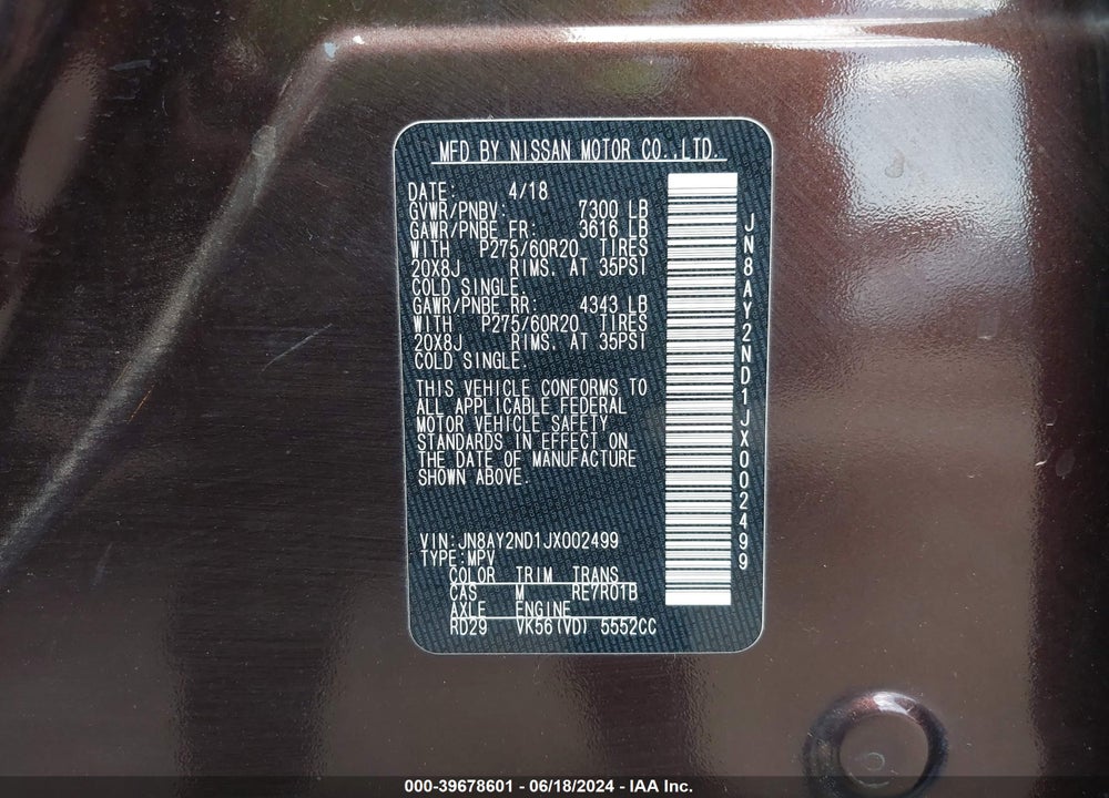 2018 NISSAN ARMADA SL VIN: JN8AY2ND1JX002499
