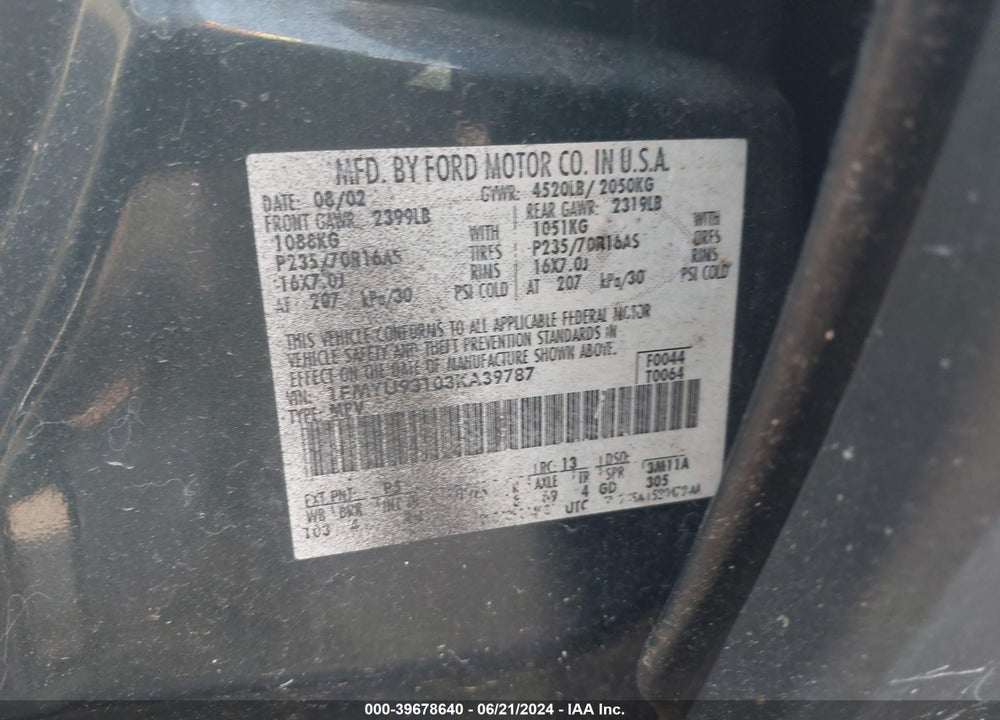 2003 FORD ESCAPE VIN: 1FMYU93103KA39787