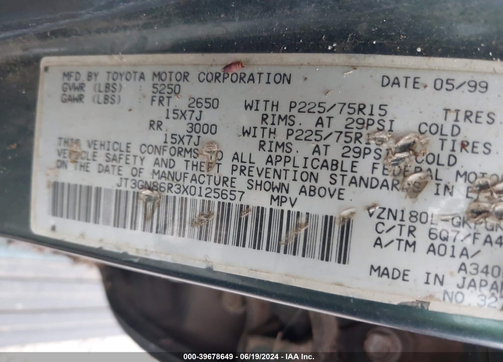 1999 TOYOTA 4RUNNER SR5 V6 VIN: JT3GN86R3X0125657