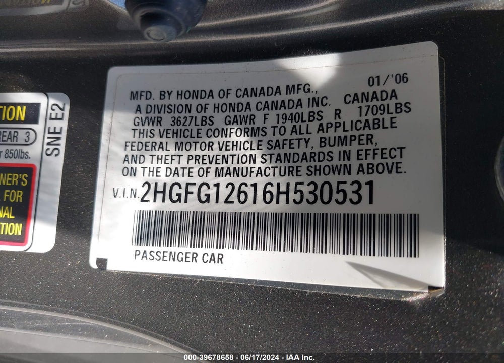 2006 HONDA CIVIC LX VIN: 2HGFG12616H530531