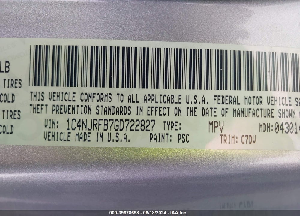 2016 JEEP PATRIOT LATITUDE VIN: 1C4NJRFB7GD722827