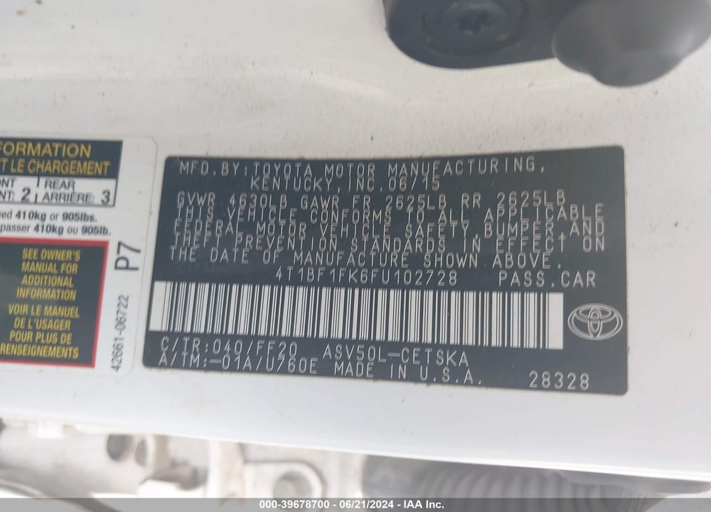 2015 TOYOTA CAMRY SE VIN: 4T1BF1FK6FU102728