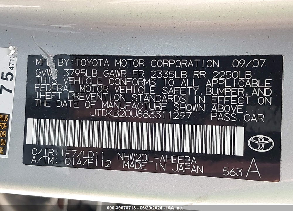 2008 TOYOTA PRIUS VIN: JTDKB20U883311297