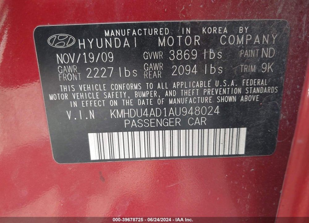 2010 HYUNDAI ELANTRA GLS VIN: KMHDU4AD1AU948024