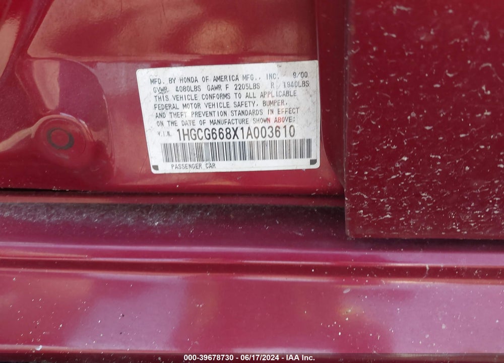 2001 HONDA ACCORD 2.3 EX VIN: 1HGCG668X1A003610
