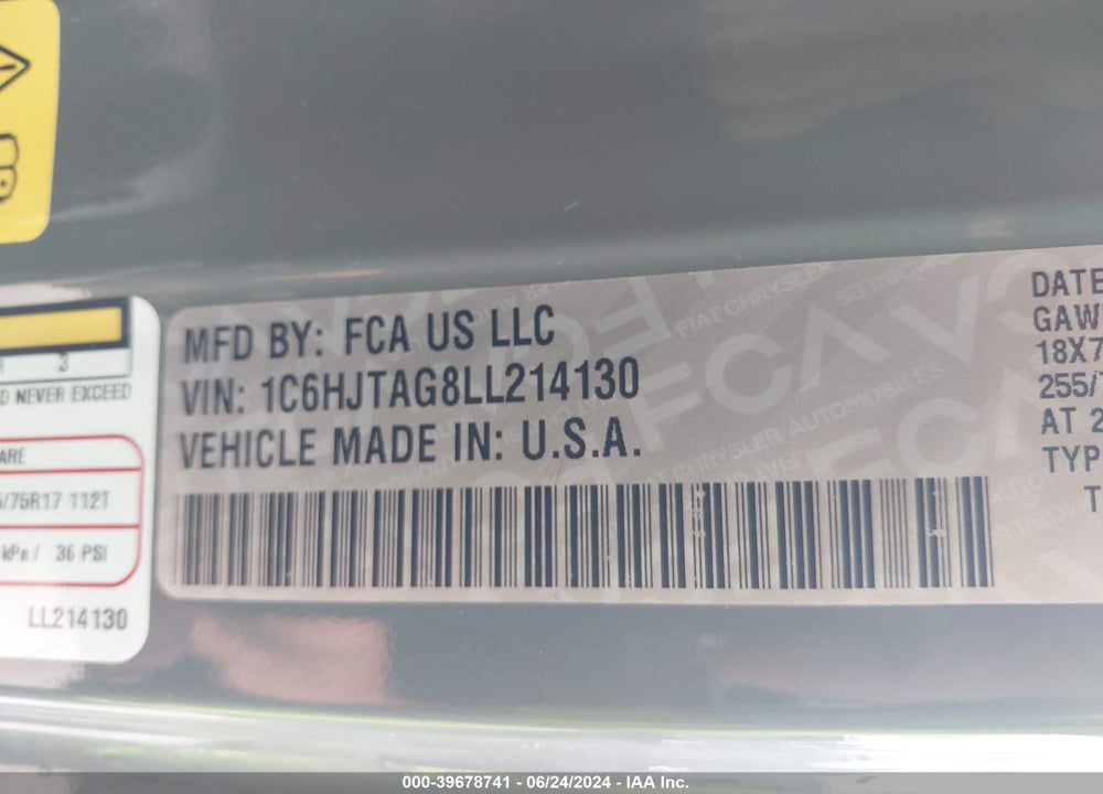 2020 JEEP GLADIATOR ALTITUDE 4X4 VIN: 1C6HJTAG8LL214130