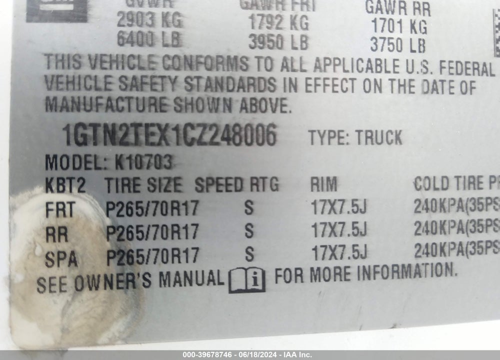 2012 GMC SIERRA 1500 WORK TRUCK VIN: 1GTN2TEX1CZ248006