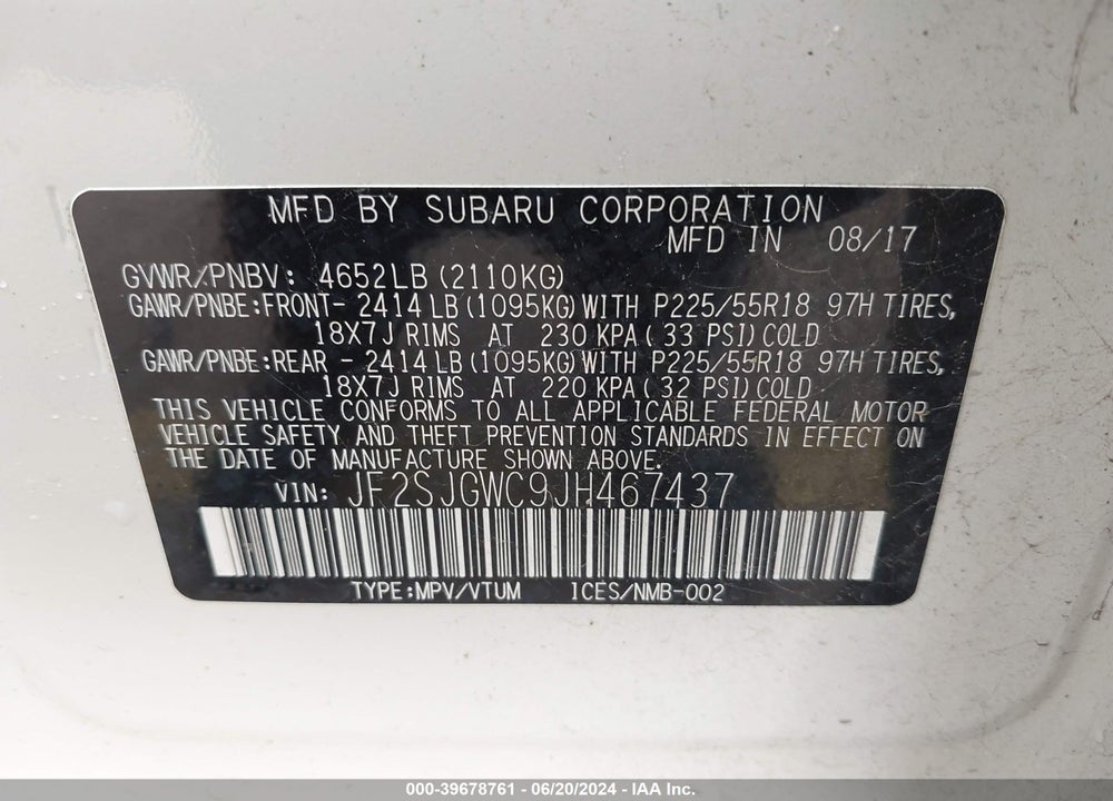 2018 SUBARU FORESTER 2.0XT TOURING VIN: JF2SJGWC9JH467437