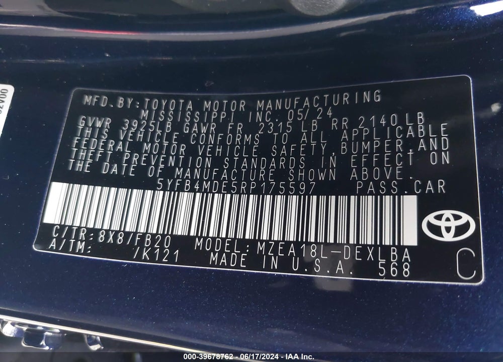 2024 TOYOTA COROLLA VIN: 5YFB4MDE5RP175597