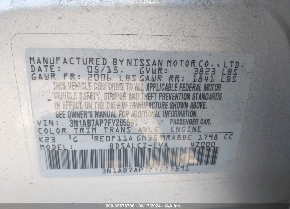 2015 NISSAN SENTRA S VIN: 3N1AB7AP7FY285591