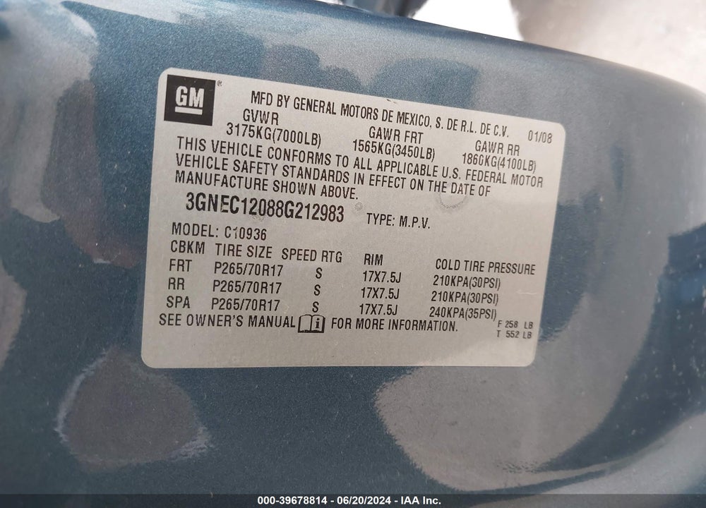 2008 CHEVROLET AVALANCHE 1500 LT VIN: 3GNEC12088G212983