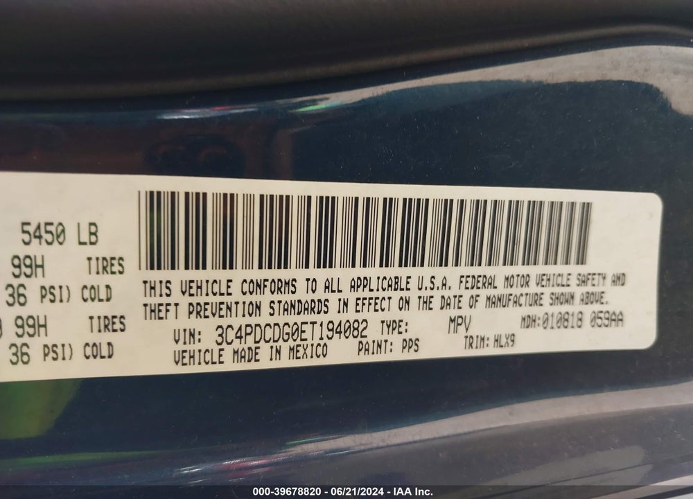 2014 DODGE JOURNEY LIMITED VIN: 3C4PDCDG0ET194082