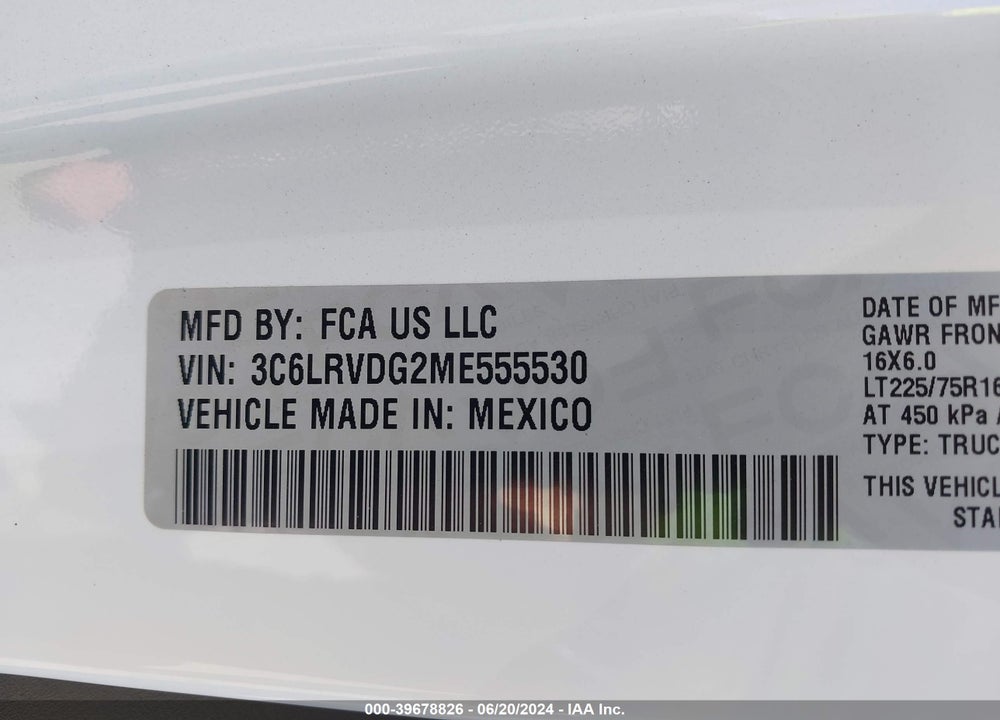 2021 RAM PROMASTER 2500 HIGH ROOF 159 WB VIN: 3C6LRVDG2ME555530