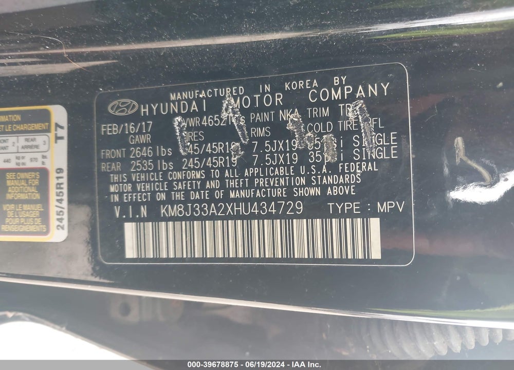 2017 HYUNDAI TUCSON NIGHT VIN: KM8J33A2XHU434729