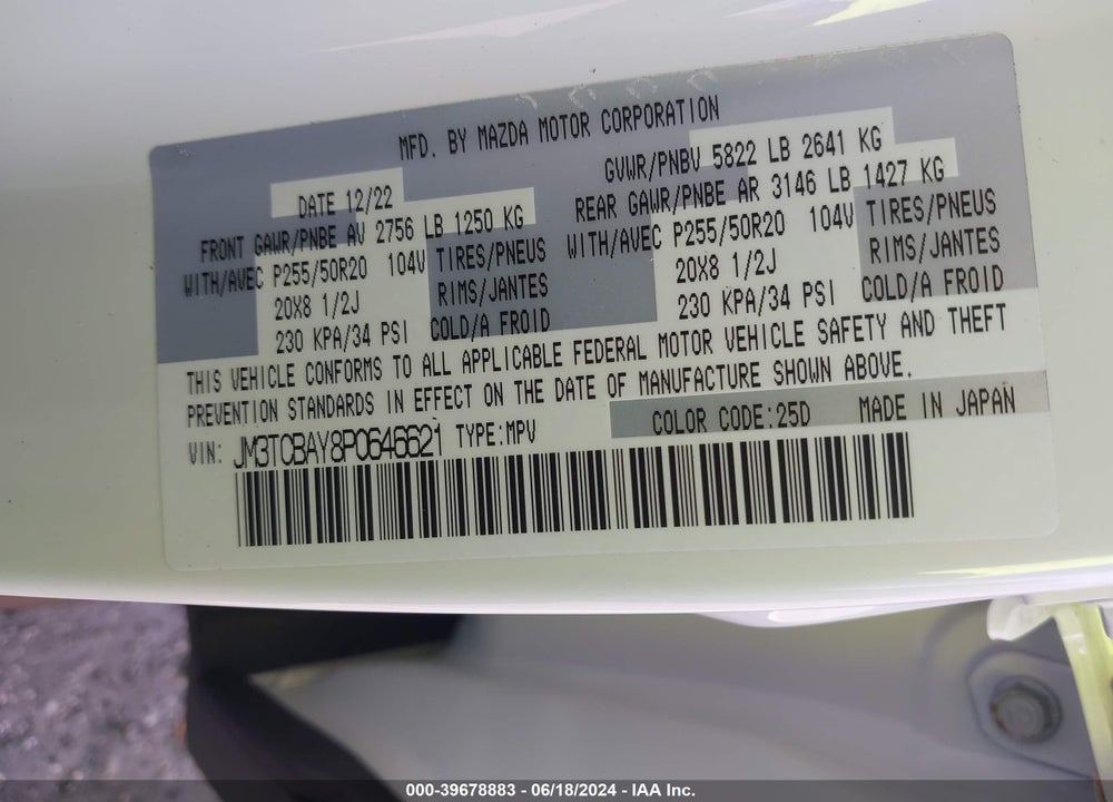 2023 MAZDA CX-9 TOURING PLUS VIN: JM3TCBAY8P0646621
