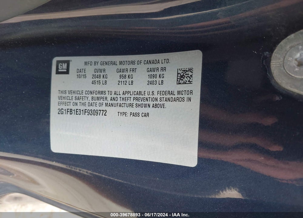 2015 CHEVROLET CAMARO 2LS VIN: 2G1FB1E31F9309772