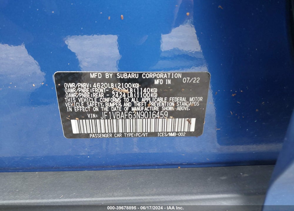 2022 SUBARU WRX PREMIUM VIN: JF1VBAF63N9016459