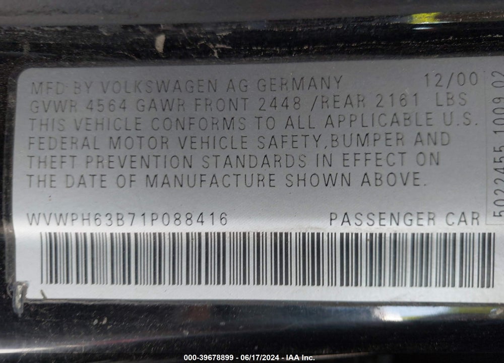 2001 VOLKSWAGEN PASSAT GLS V6 VIN: WVWPH63B71P088416