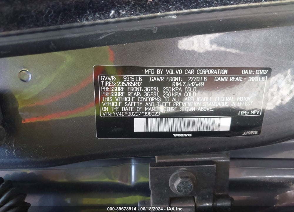2007 VOLVO XC90 3.2 VIN: YV4CY982271398023