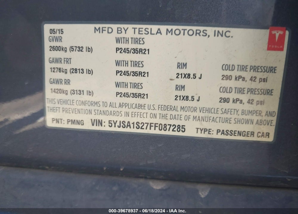 2015 TESLA MODEL S VIN: 5YJSA1S27FF087285