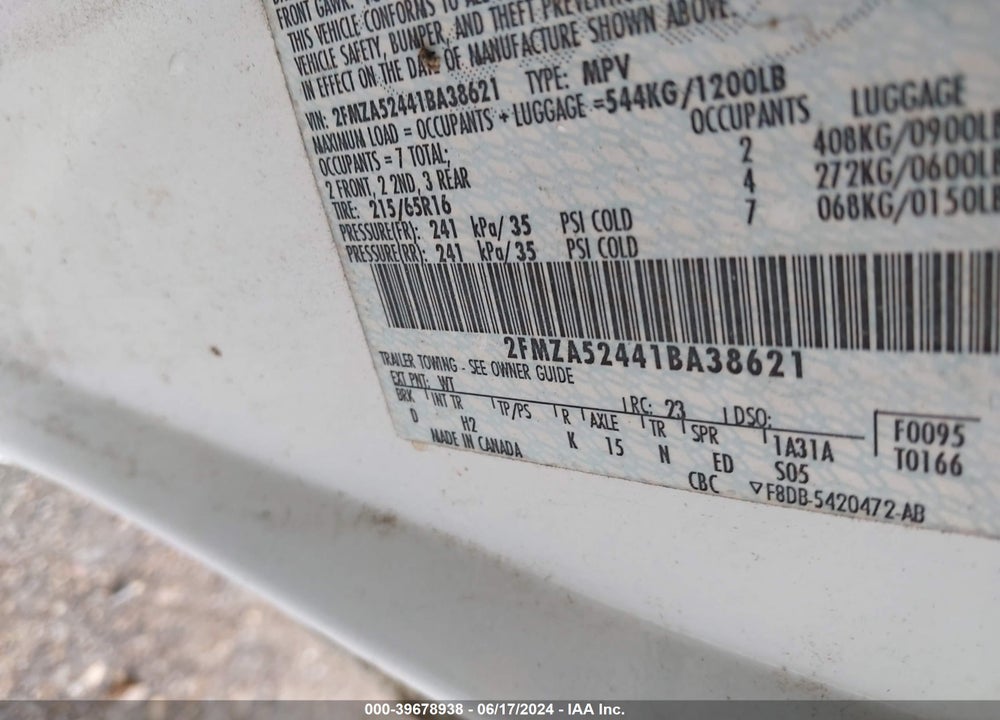 2001 FORD WINDSTAR SE VIN: 2FMZA52441BA38621