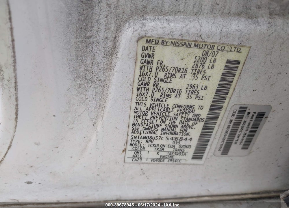 2007 NISSAN XTERRA X VIN: 5N1AN08U57C546844