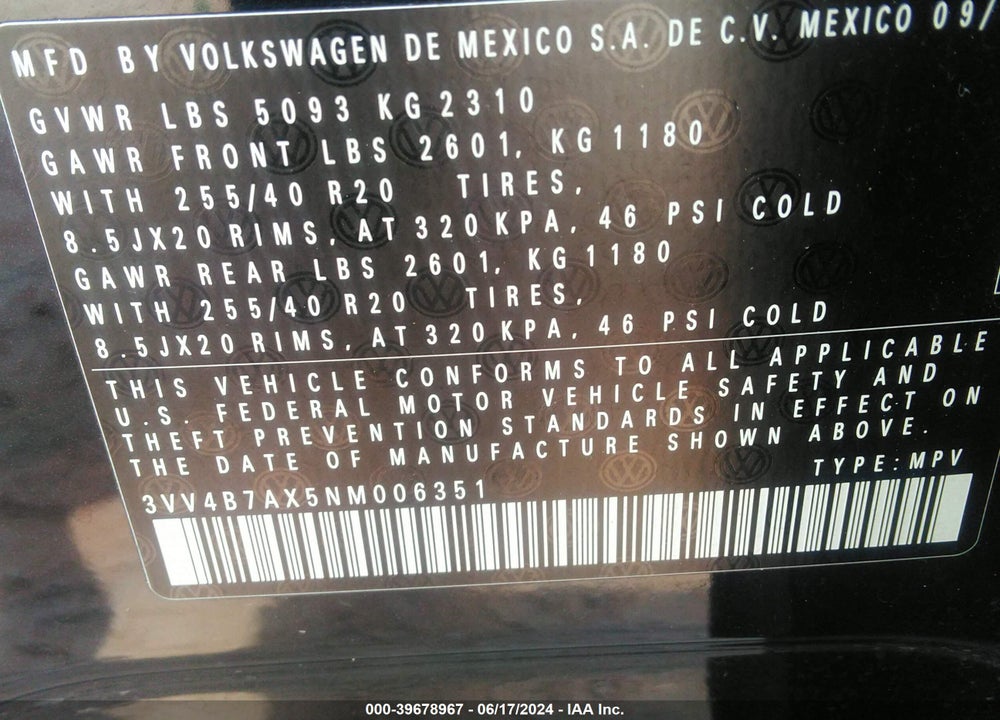 2022 VOLKSWAGEN TIGUAN 2.0T SEL R-LINE VIN: 3VV4B7AX5NM006351