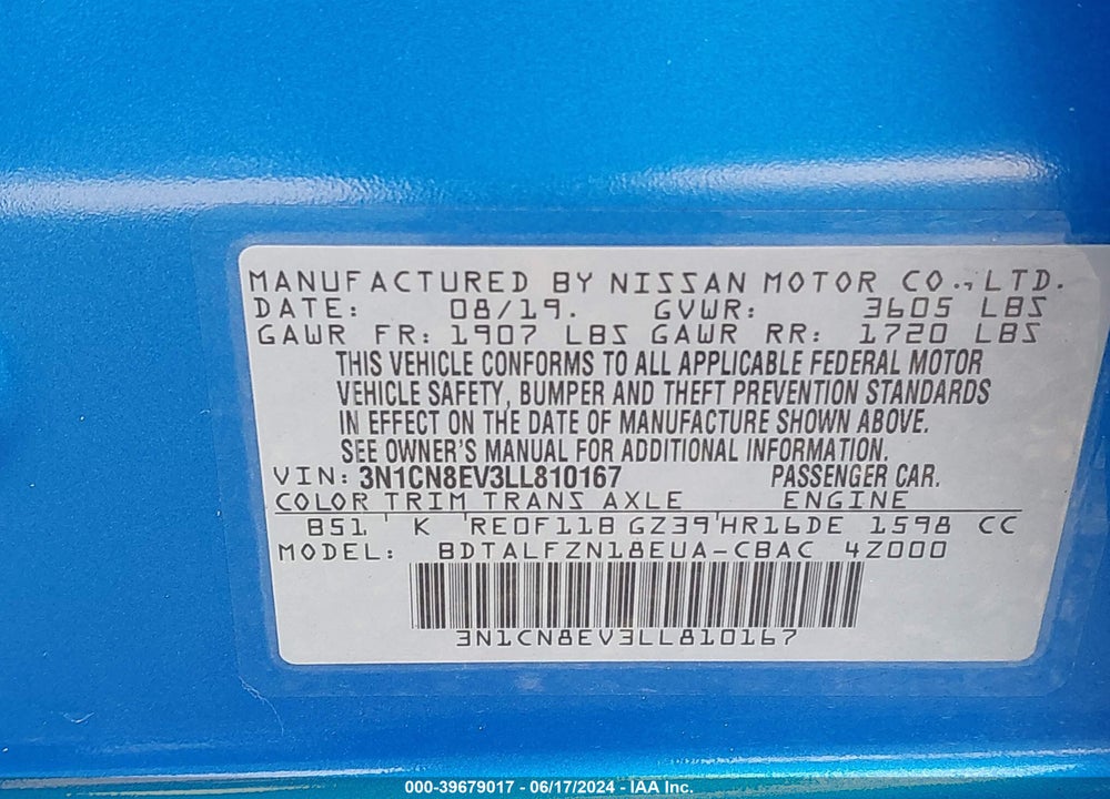 2020 NISSAN VERSA SV XTRONIC CVT VIN: 3N1CN8EV3LL810167