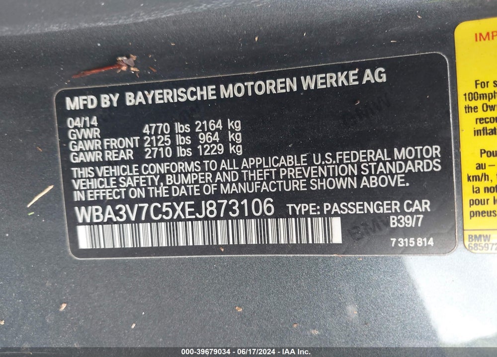 2014 BMW 428I VIN: WBA3V7C5XEJ873106