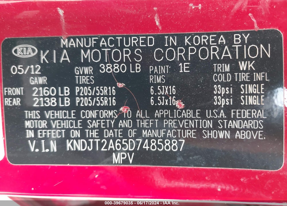 2013 KIA SOUL VIN: KNDJT2A65D7485887