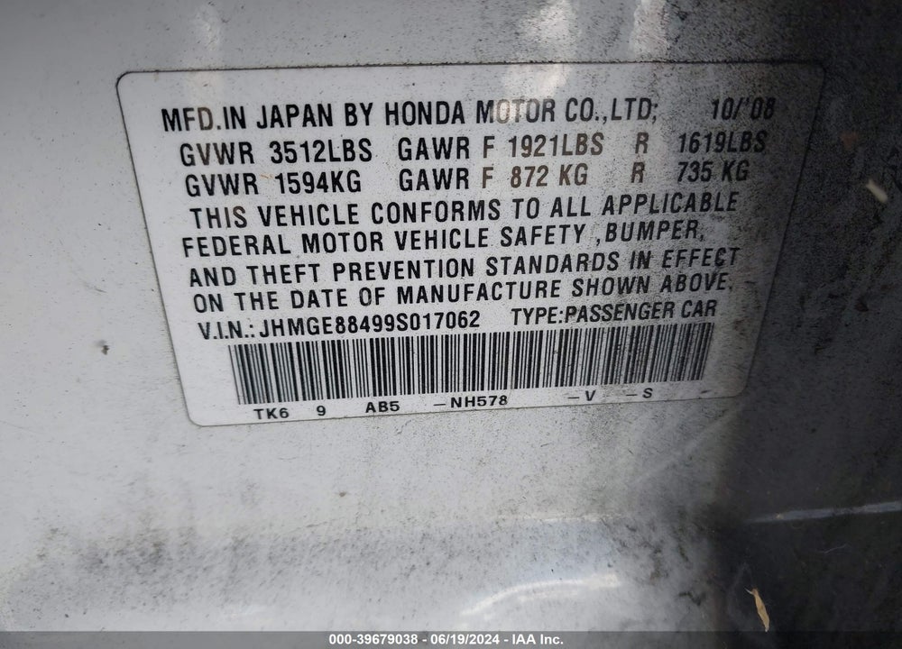 2009 HONDA FIT SPORT VIN: JHMGE88499S017062