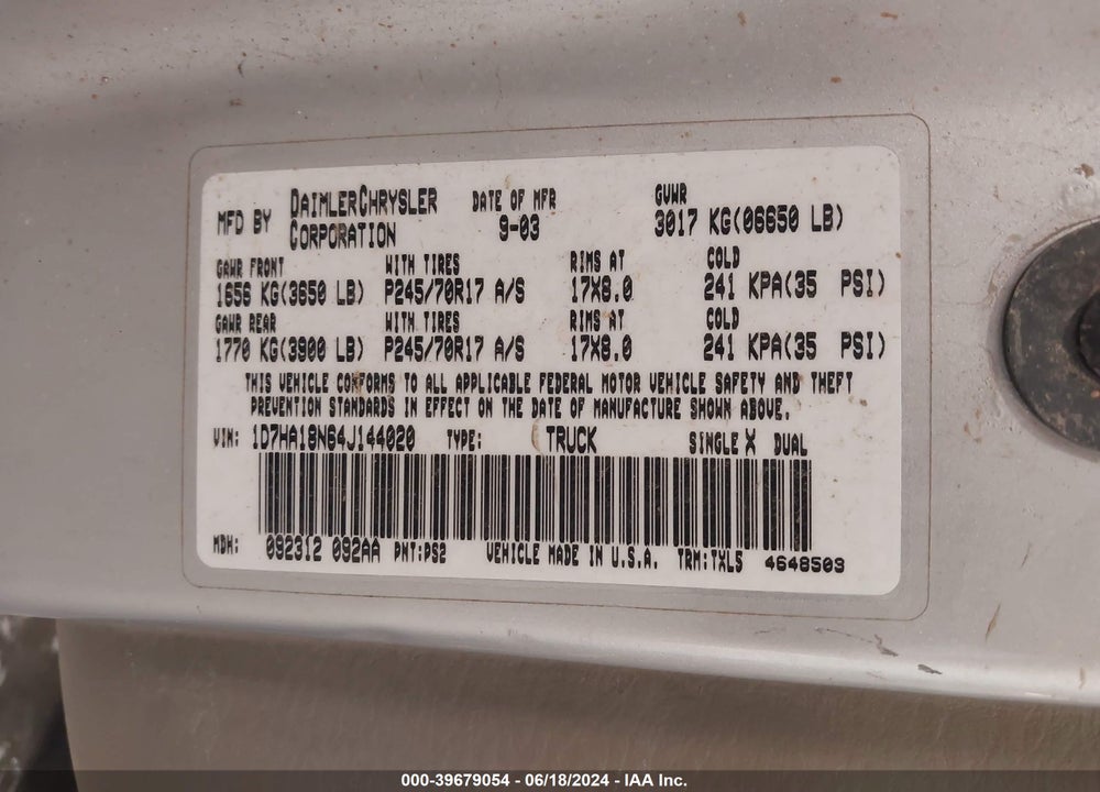 2004 DODGE RAM 1500 ST VIN: 1D7HA18N64J144020