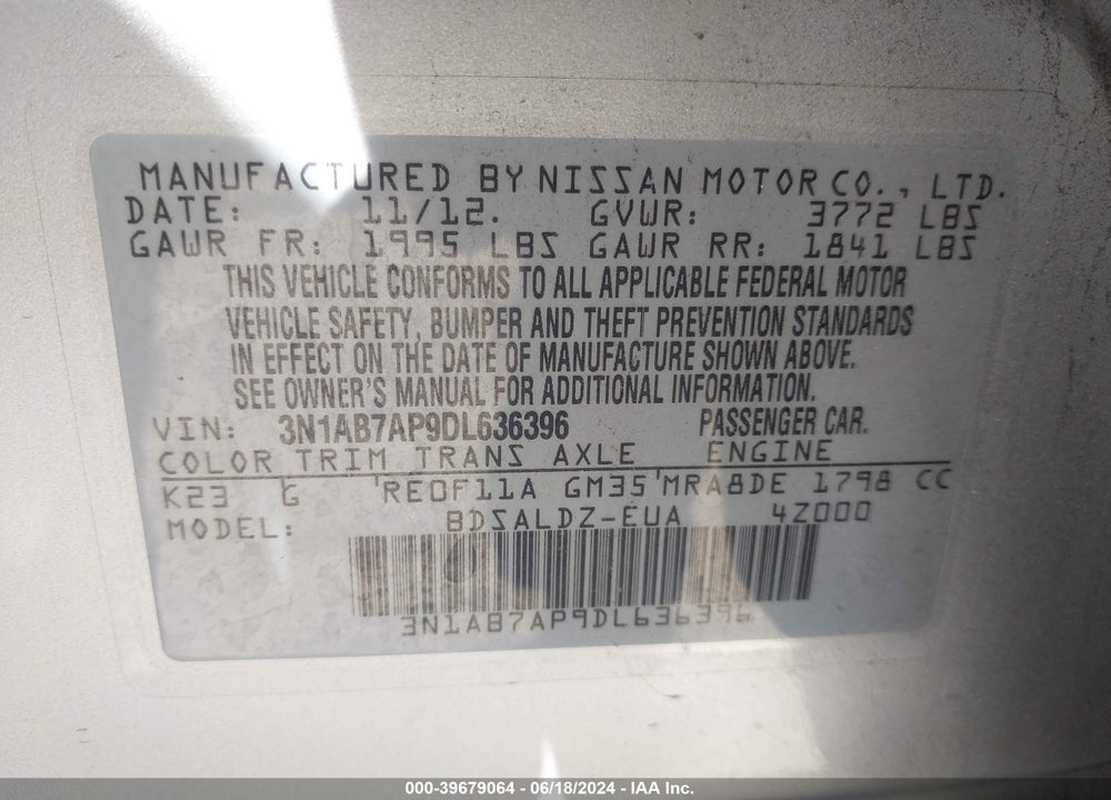 2013 NISSAN SENTRA SV VIN: 3N1AB7AP9DL636396