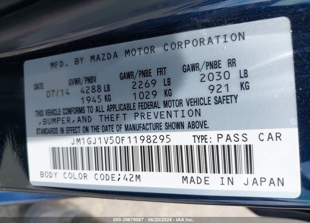 2015 MAZDA 6 I TOURING VIN: JM1GJ1V50F1198295