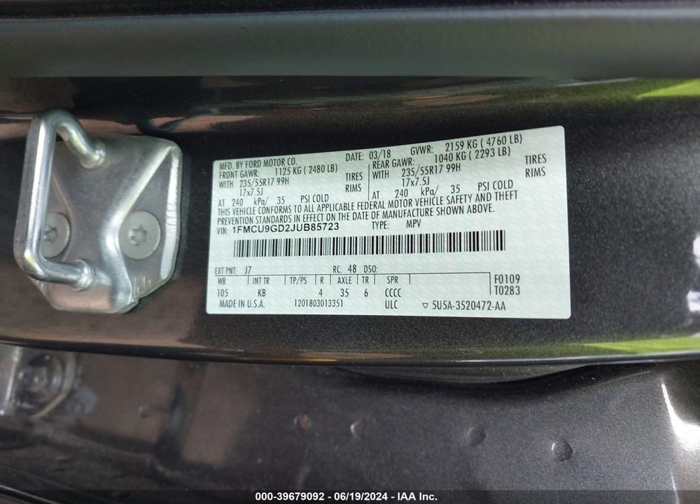 2018 FORD ESCAPE SE VIN: 1FMCU9GD2JUB85723