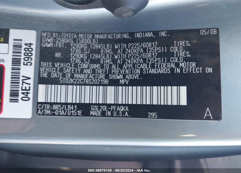 2008 TOYOTA SIENNA XLE VIN: 5TDZK22C78S202198