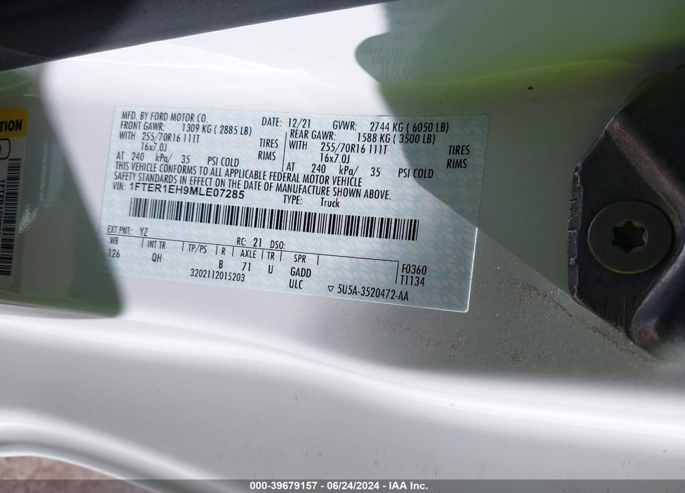 2021 RANGER FORD  XL VIN: 1FTER1EH9MLE07285