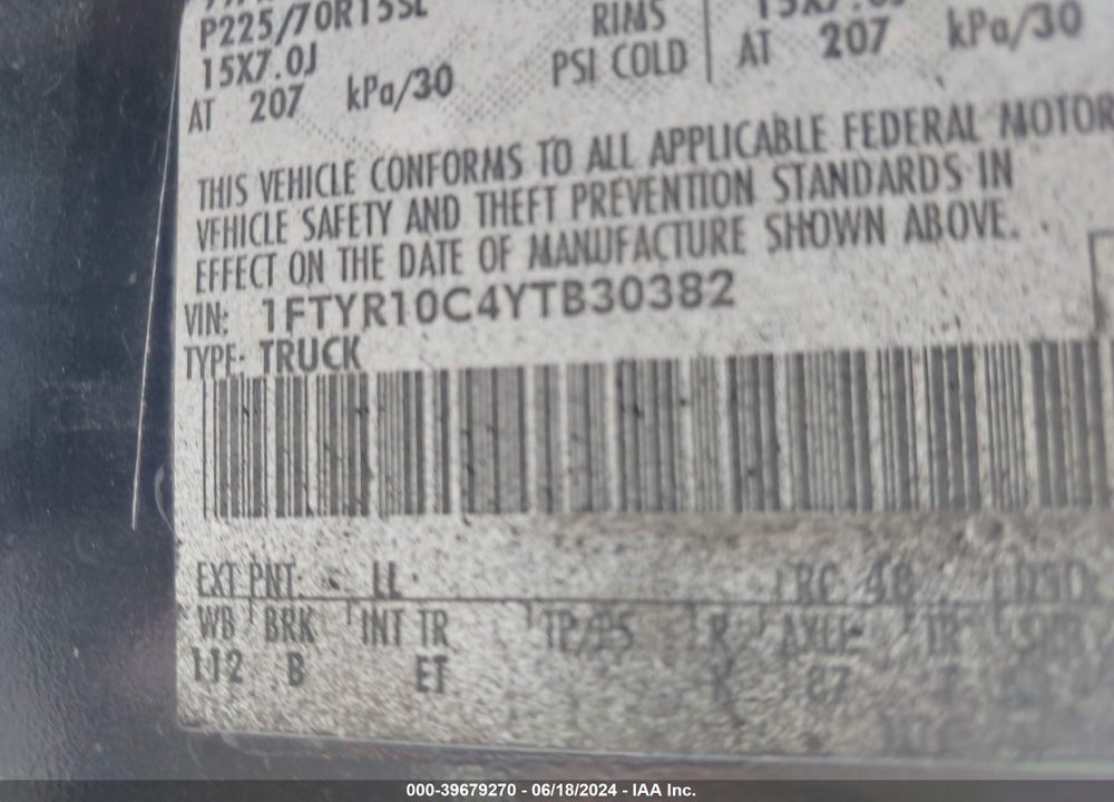 2000 FORD RANGER XL/XLT VIN: 1FTYR10C4YTB30382