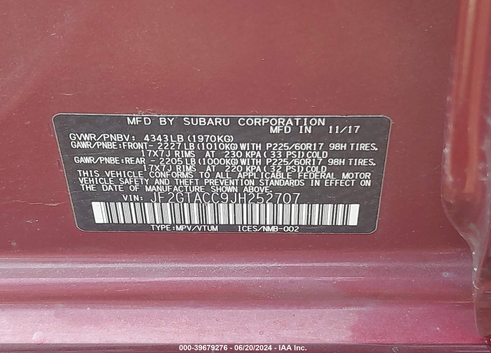 2018 SUBARU CROSSTREK VIN: JF2GTACC9JH252707