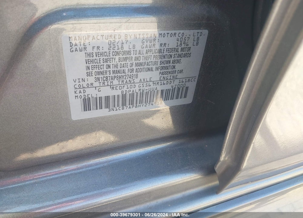 2017 NISSAN SENTRA SR TURBO VIN: 3N1CB7AP8HY274918