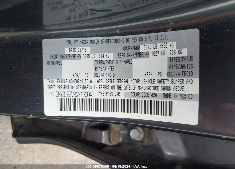 2016 SCION IA VIN: 3MYDLBZV8GY130046
