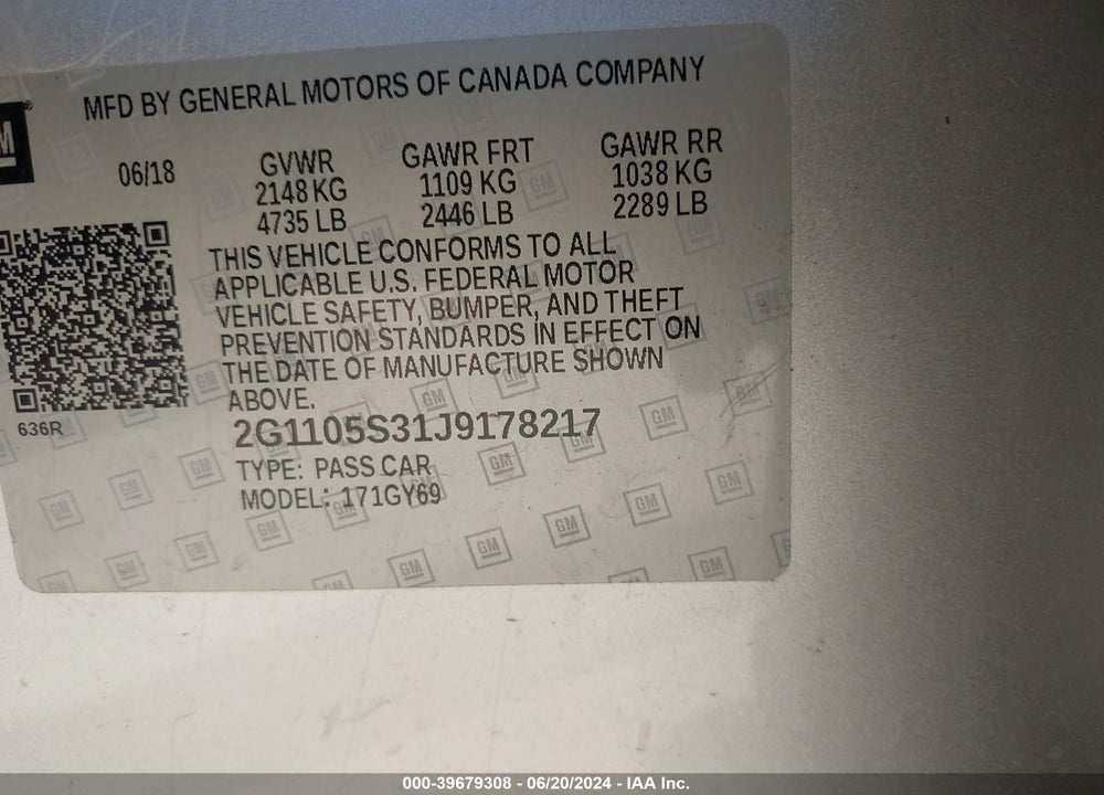 2018 CHEVROLET IMPALA 1LT VIN: 2G1105S31J9178217