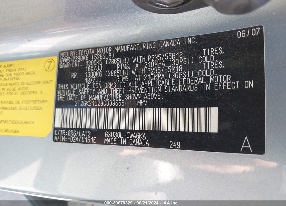 2008 LEXUS RX 350 VIN: 2T2GK31U28C039665
