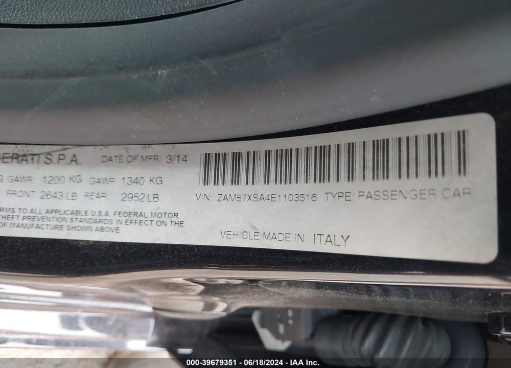 2014 MASERATI GHIBLI VIN: ZAM57XSA4E1103516